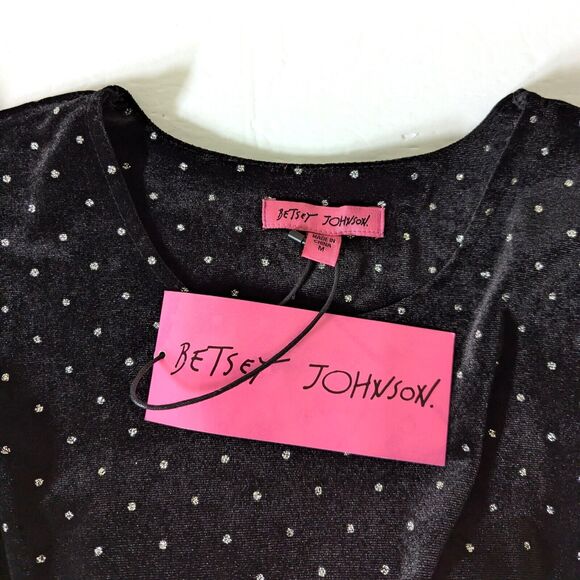 Betsey Johnson Power Shoulder Black Velvet Dress Metallic Silver Polk Dot Size M - Picture 7 of 15